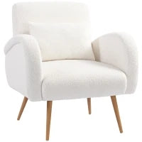 Poltrona imbottita con Rivestimento in Pile, Braccioli e Cuscino Lombare, Gambe in metallo, Bianco crema