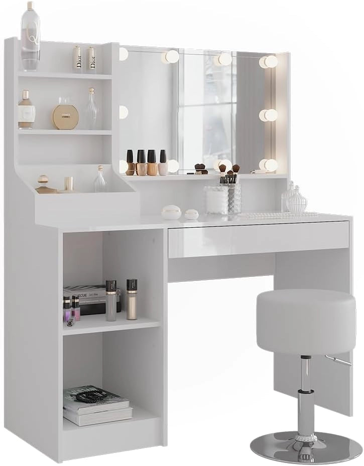 Tavolo da toeletta Sherry, Bianco/bianco lucido, 119.8 cm 7 parti