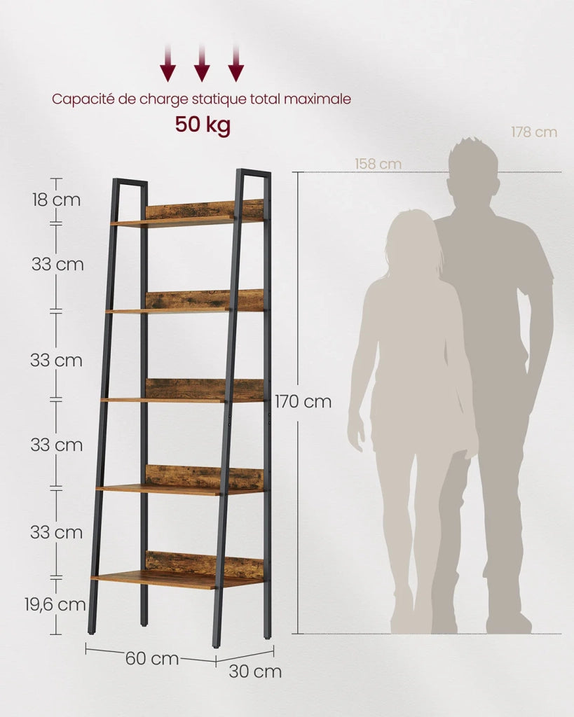Libreria a 5 ripiani 30 x 60 x 170 cm mobile contenitore indipendente per soggiorno camera da letto cucina struttura in acciaio facile da montare stile industriale marrone rustico e nero 12_0005743