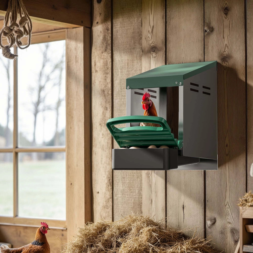 Fudajo Nido per galline ovaiole con vassoio di raccolta 27 x 52 x 48 cm, nido per uova di gallina, con fori di ventilazione, in plastica, montaggio a parete