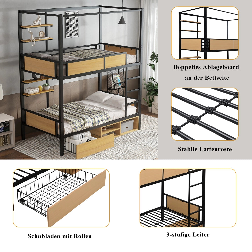 Etagenbett in metallo e MDF 90x200 cm con stoccaggio e doppio ripiano