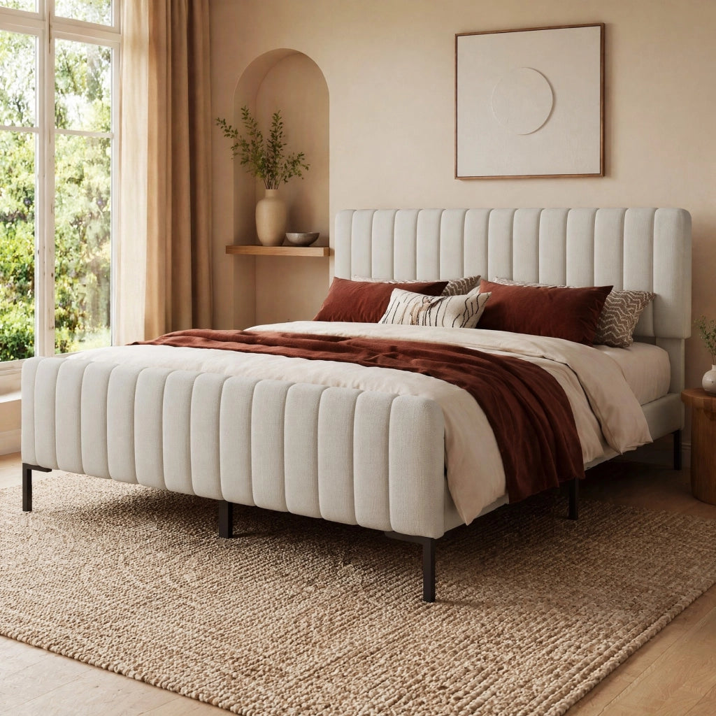Letto imbottito matrimoniale 160x200 cm con testiera regolabile, rete a doghe, grigio-beige