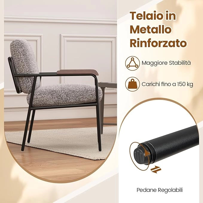 Poltrona da Camera da Letto, Sedia Imbottito con Cuscino Posteriore, Braccioli in Legno di Gomma Massiccio e Struttura in Metallo, Poltrona Relax Moderna per Soggiorno e Studio
