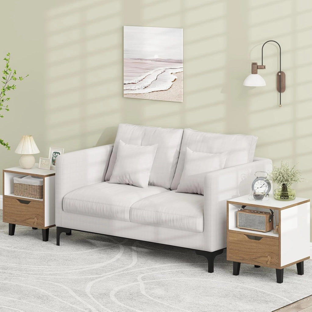 Set di 2 Comodini 37 x 33 x 44 cm, Tavolini da Letto con Cassetto, Scomparto Aperto e Gambe in Metallo, Mobile Laterale per Camera da Letto, Salotto e Soggiorno, Naturale e Bianco (2)