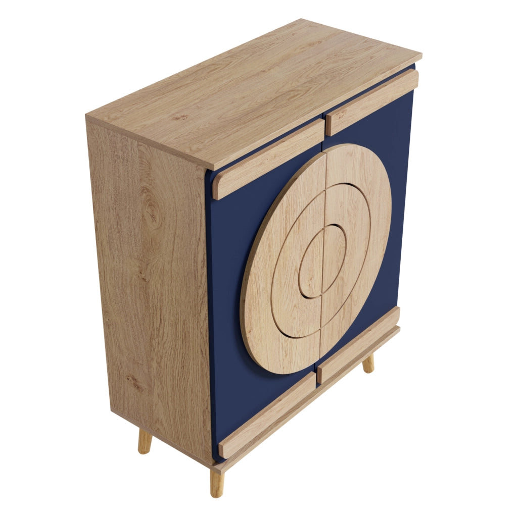 Mobile scarpiera moderno con porte geometriche; 76x37x98;5 cm; in pannelli truciolari blu e naturale
