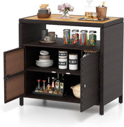 Armadietto Portaoggetti in Rattan, Mobile Buffet per Esterni in Legno di Acacia, Con Compartimento Aperto e Armadio Chiuso a 2 Ante, per Piscina, Terrazza e Patio, 90 x 53 x 86 cm (Marrone)