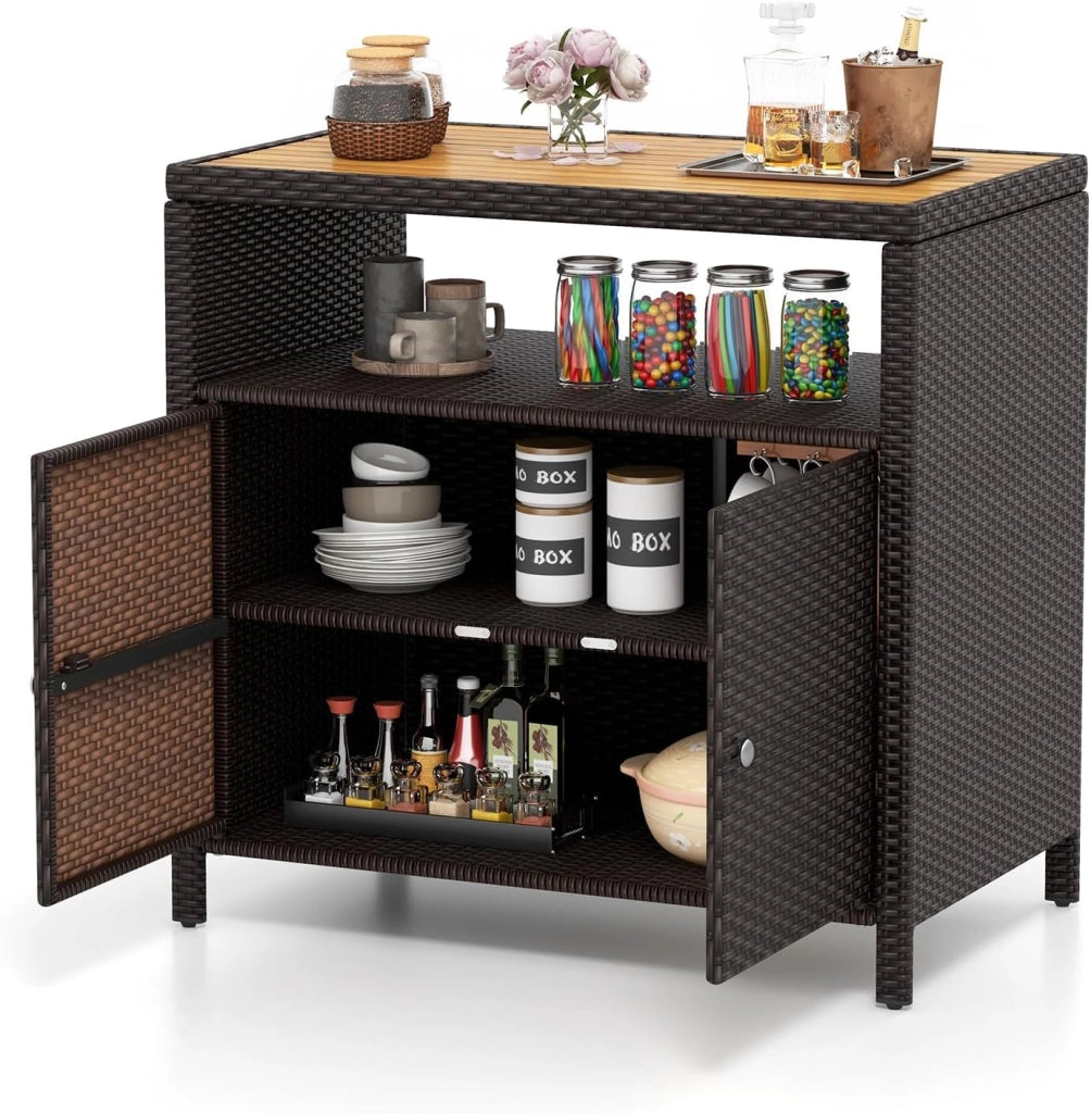 Armadietto Portaoggetti in Rattan, Mobile Buffet per Esterni in Legno di Acacia, Con Compartimento Aperto e Armadio Chiuso a 2 Ante, per Piscina, Terrazza e Patio, 90 x 53 x 86 cm (Marrone)