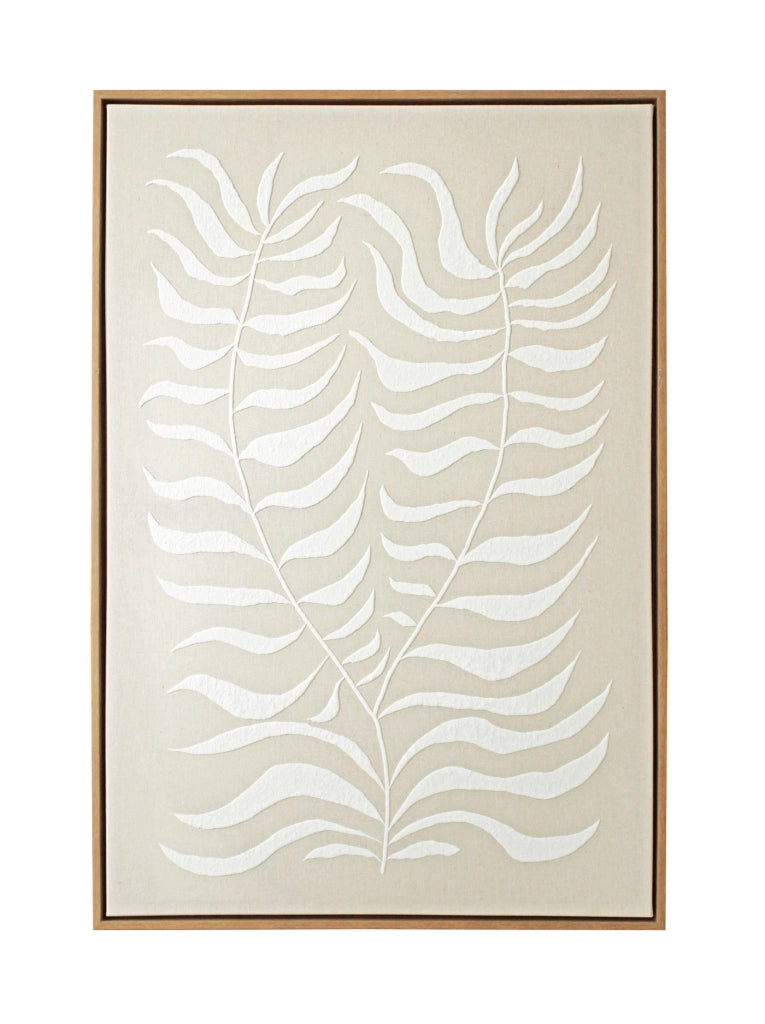 Quadro Hispanohogar in lino con stampa 3D foglie beige e bianco 73x53x4