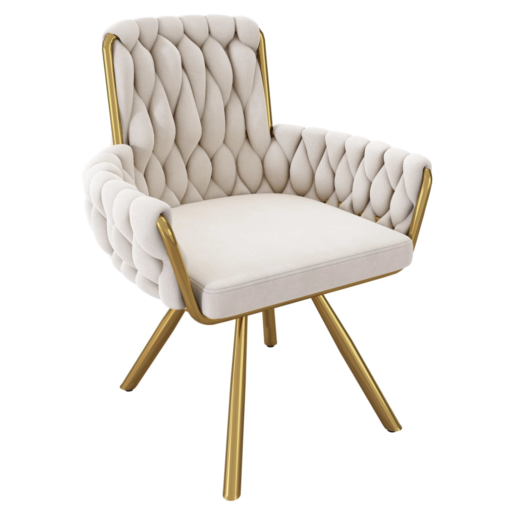 Set di 4 sedie girevoli in velluto beige con schienale alto e braccioli