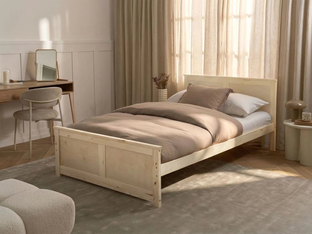 Letto matrimoniale in legno naturale marrone chiaro 120 x 200 cm con testiera in stile scandinavo