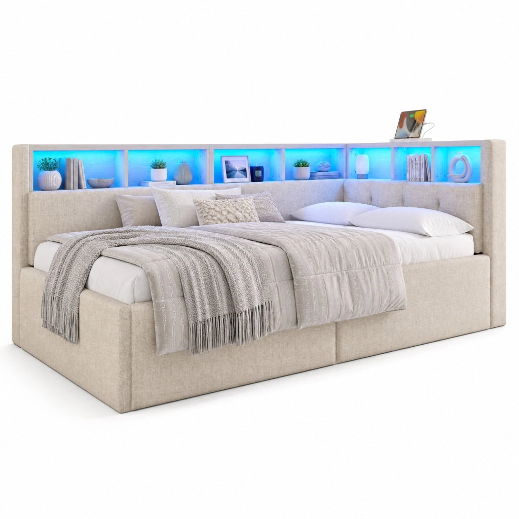 Letto singolo 90 x 200 cm con vano idraulico; LED RGB; USB e Type-C; lino; beige