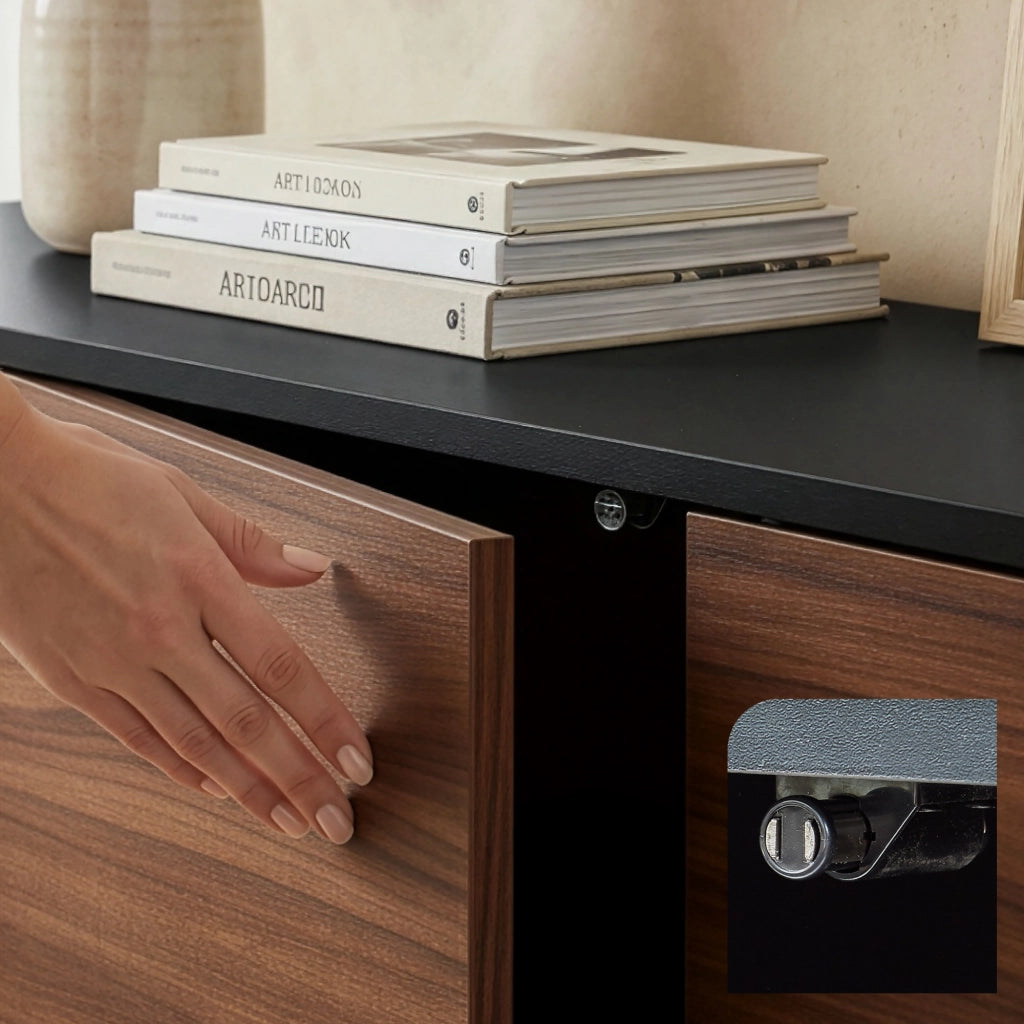 Armadietto Boxholm Credenza Bassa con 3 Ante Push-Open e 2 Vani Aperti 160x30x57 cm Nero / Effetto Noce [en.casa]
