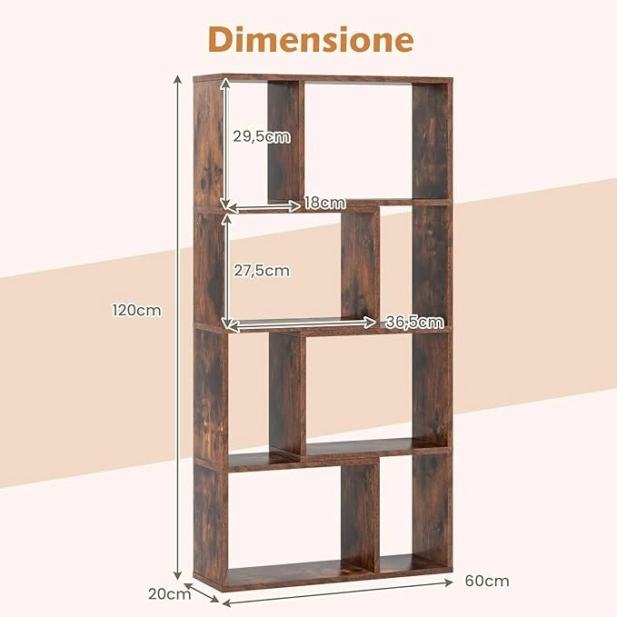 Libreria Geometrica a 4 Ripiani, Organizzatore Moderno con 8 Cubi, Mensola Espositiva a Pavimento, Mobile di Stoccaggio in Legno per Soggiorno Camera da Letto Studio, 60x20x120 cm (Marrone)