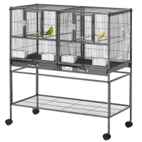 Doppia Gabbia per Uccelli in Metallo di Alta Qualità con Vassoi Estraibili, Supporto Stabile con 4 Ruote e Ripiano, 95x45.5x102cm, Nero Grigio