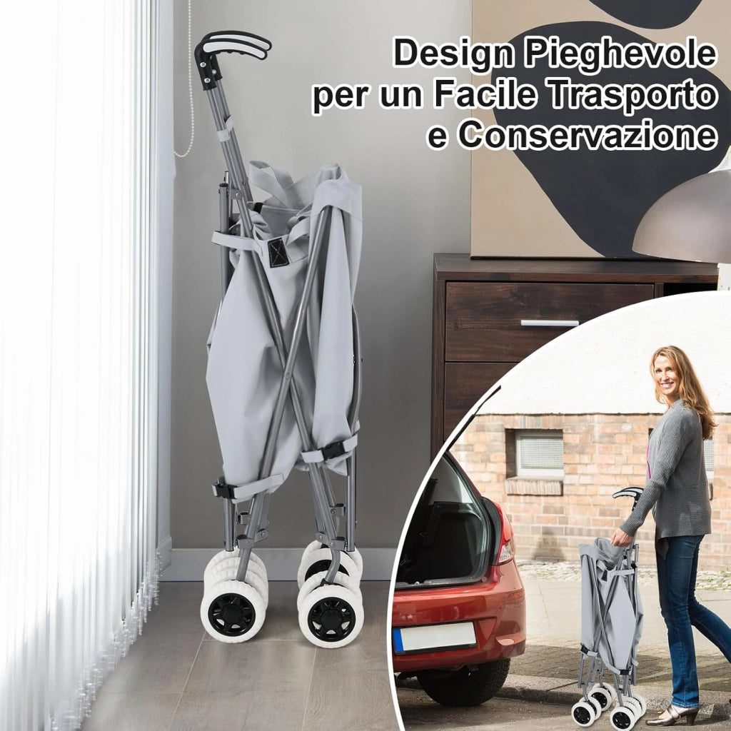 Carrello Spesa Pieghevole con Ruote, Carrello Portaspesa con Fodera in Tessuto Oxford Rimovibile e Impermeabile, 90L, Capacità di peso 55 kg (Grigio)