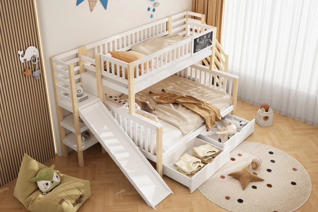 LETTO A CASTELLO 140x200 cm e 90x200 cm Legno Bianco/Naturale con scivolo