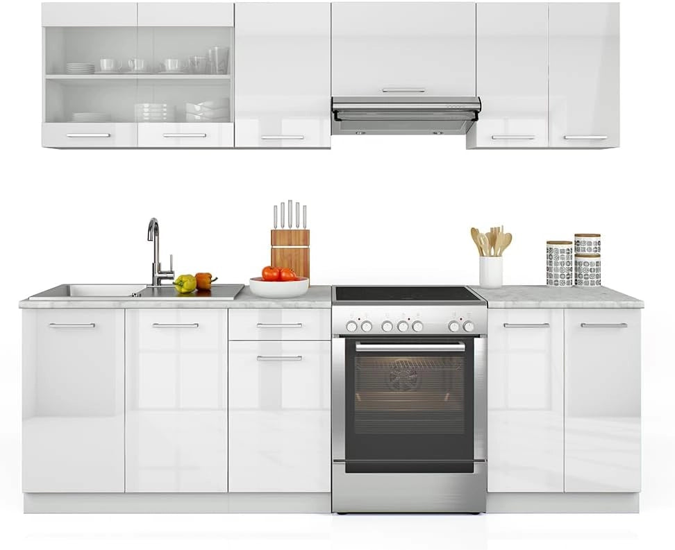 Cucina componibile Raul, Bianco lucido/bianco, 240 cm, PL Marmo, combinabile in modo flessibile con elementi modulari