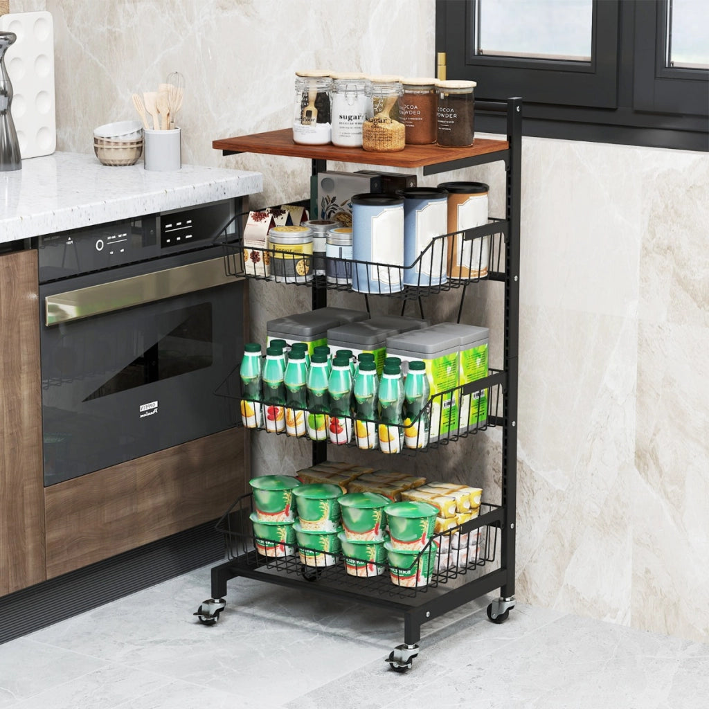Carrello da cucina con ruote a 4 piani con piano in legno, Carrello con cestini regolabili in altezza e rimovibili-Carrelli