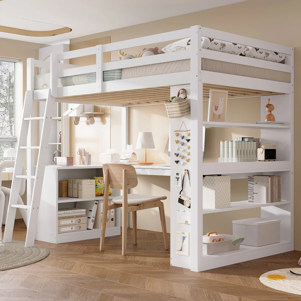 Letto a soppalco per bambini con scaffale e scala, 90x200 cm, bianco