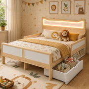 Lettino per bambini con orecchie da gatto e luci a LED 140x200 cm in legno di rovere e bianco