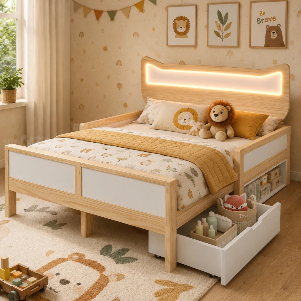 Lettino per bambini con orecchie da gatto e luci a LED 140x200 cm in legno di rovere e bianco