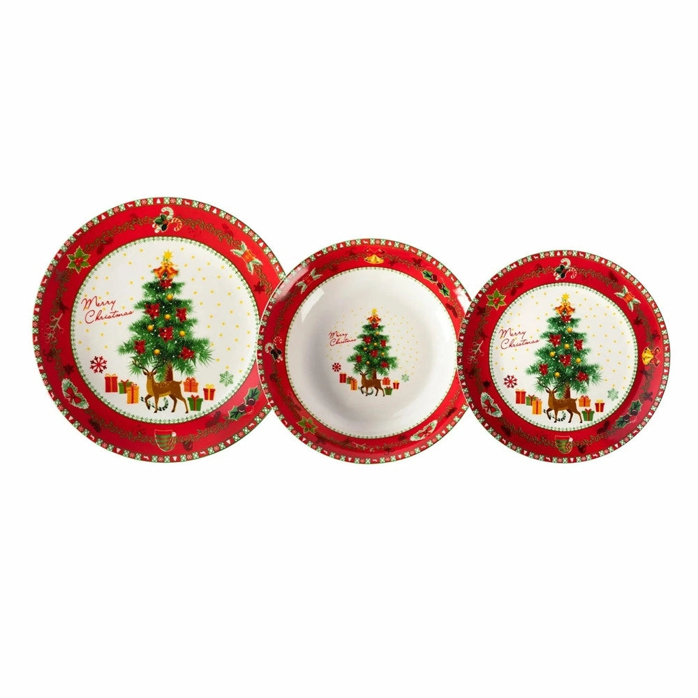 Trade Shop - Servizio Di Piatti Natalizio In Porcellana 18pz Decoro Albero Natale Renne Pacchi Regalo -