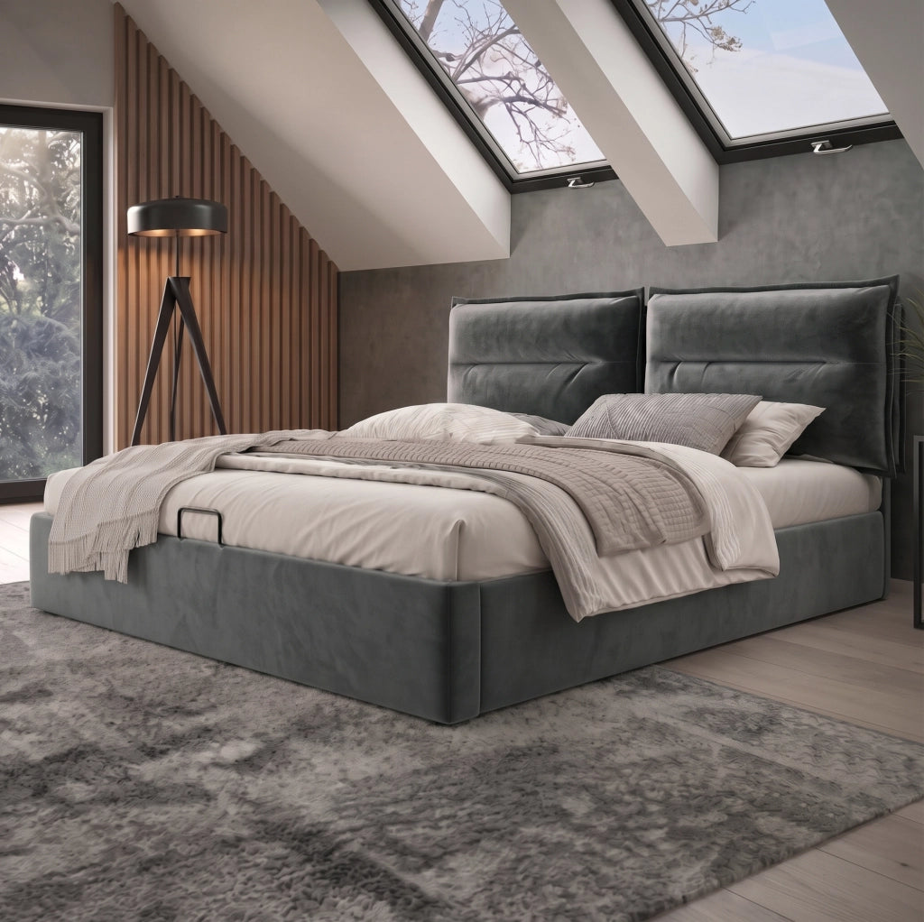 Letto matrimoniale 140x200 cm con contenitore; testiera regolabile; velluto grigio