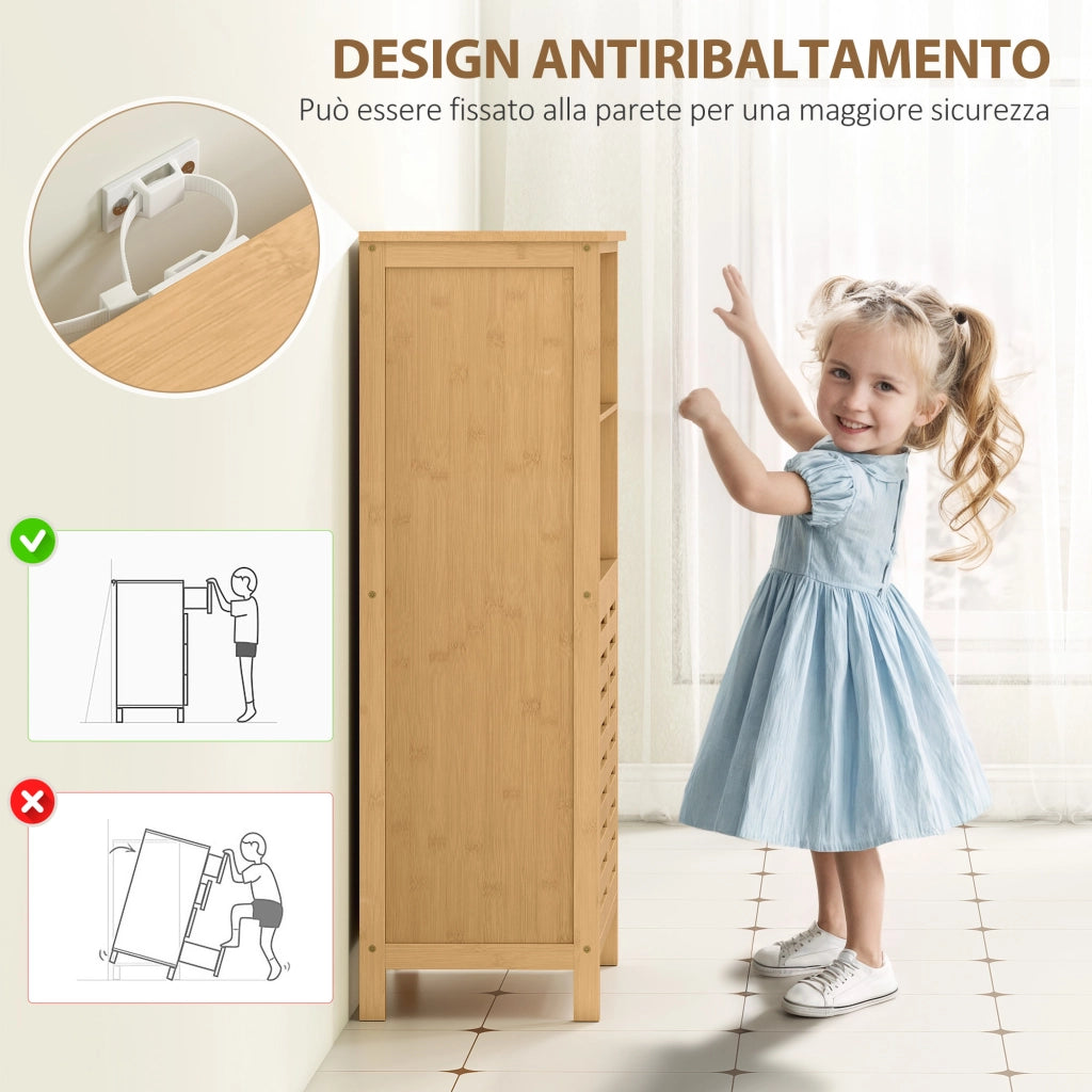 Mobiletto Bagno Salvaspazio in Legno con Armadietto e Ripiani Aperti ¨C Zephmum ¨C 50x29x92 cm