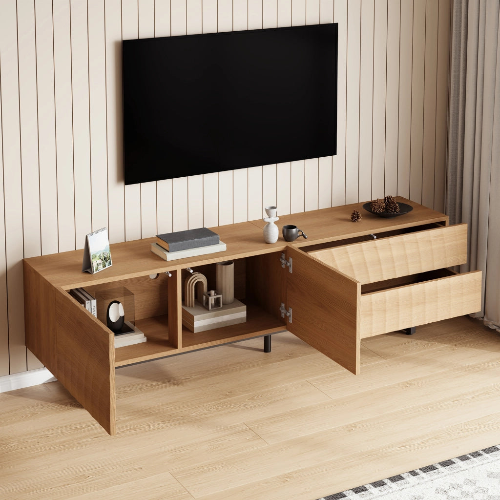 Mobile TV con 2 Ante e 2 Cassetti senza Maniglie; Passacavi; Stile Scandinavo; in Pannelli di Particelle; Naturale; 180??38??51;5 cm