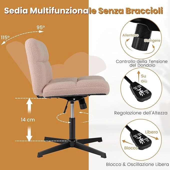 Sedia da Ufficio senza Braccioli, Sedia da Scrivania a Gambe Incrociate con Altezza Regolabile, Rotazione a 360°, Tessuto Morbido, Ampia Seduta Imbottita, Portata 160 kg