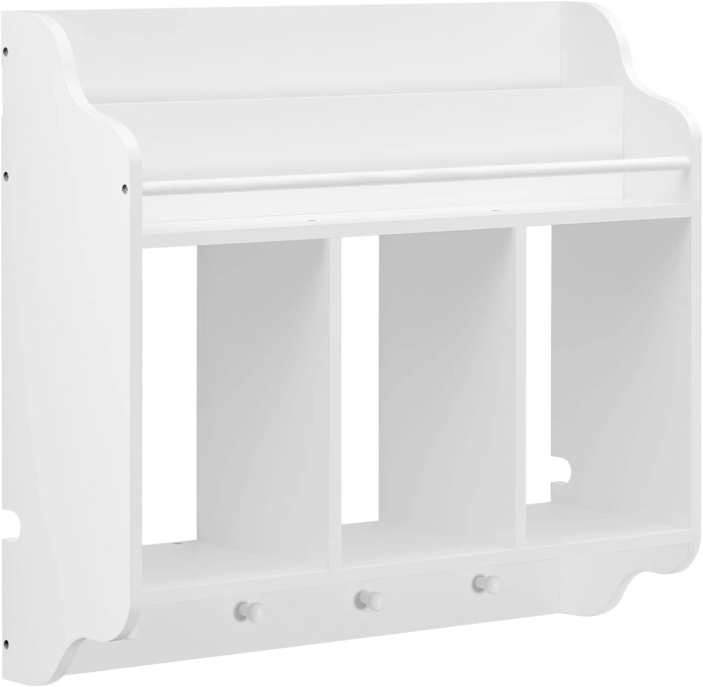 Scaffale per Bambini, Scaffale a Muro per Libri, Scaffale a Muro per Libri, Unità di Archiviazione con 3 Cubi Aperti, 4 Pomelli per Appendere, Mobili per Asilo Nido, Bianco