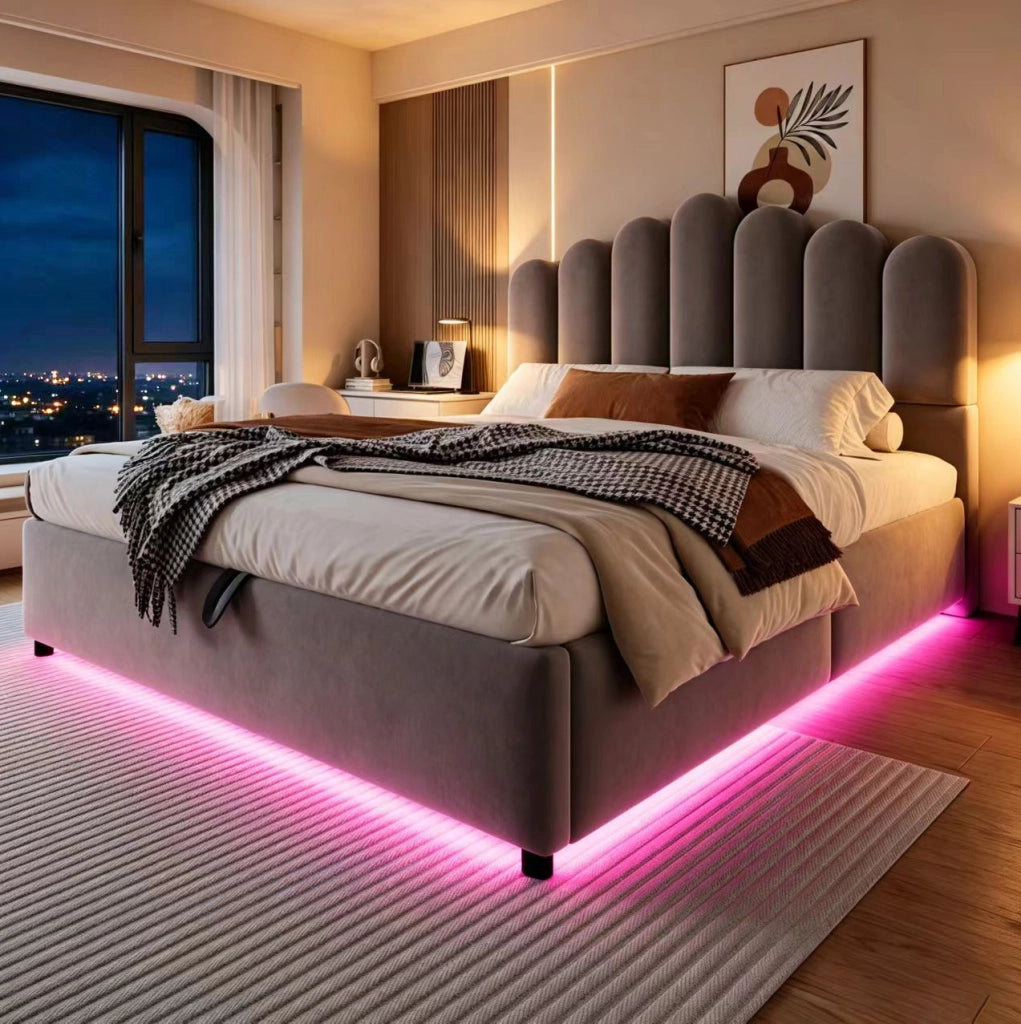 Letto imbottito 140x200 cm con contenitore; LED e testiera unica in velluto grigio