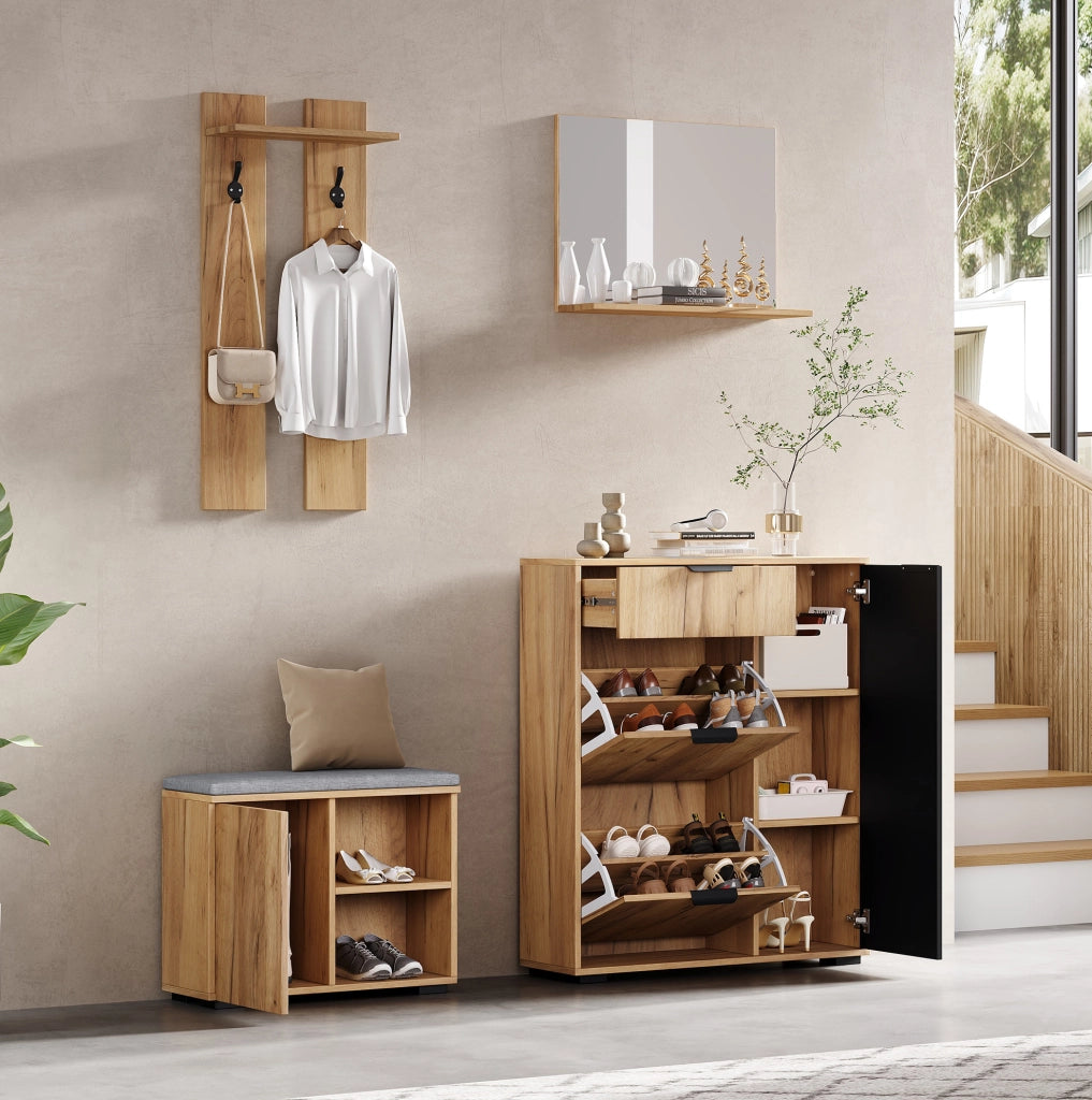 Set guardaroba da ingresso con panca scarpiera; specchio e appendiabiti 140x35x139 cm in truciolare naturale e nero