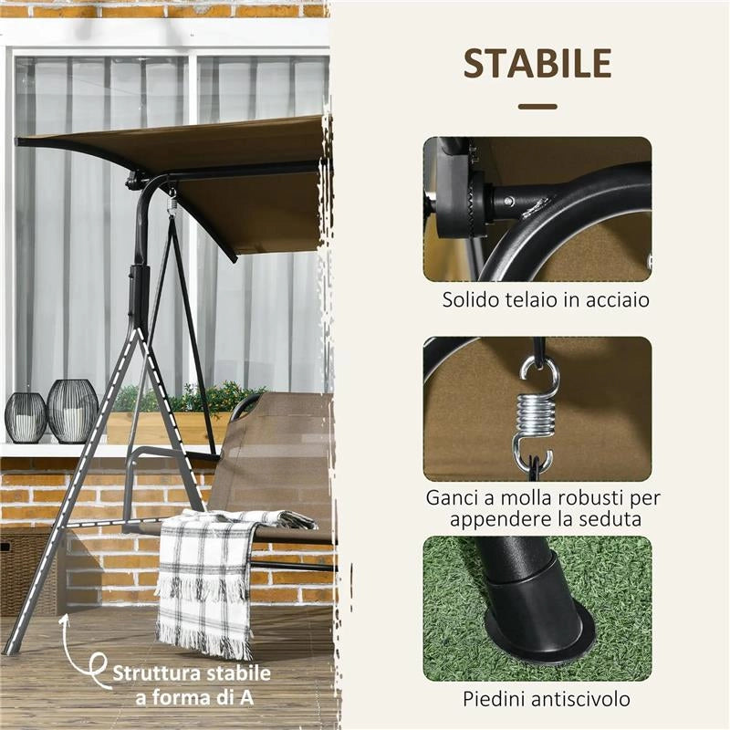 DONDOLO DA GIARDINO 3 POSTI CON COPERTURA REGOLABILE IN ACCIAIO E POLIESTERE 172X110X153 CM MARRONE E GRIGIO