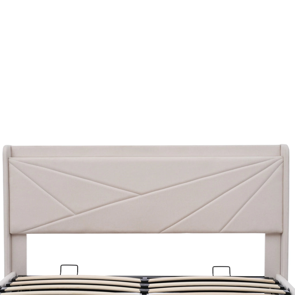 Letto matrimoniale 140x200 con contenitore, testiera con USB e Tipo-C, struttura in metallo e legno, beige