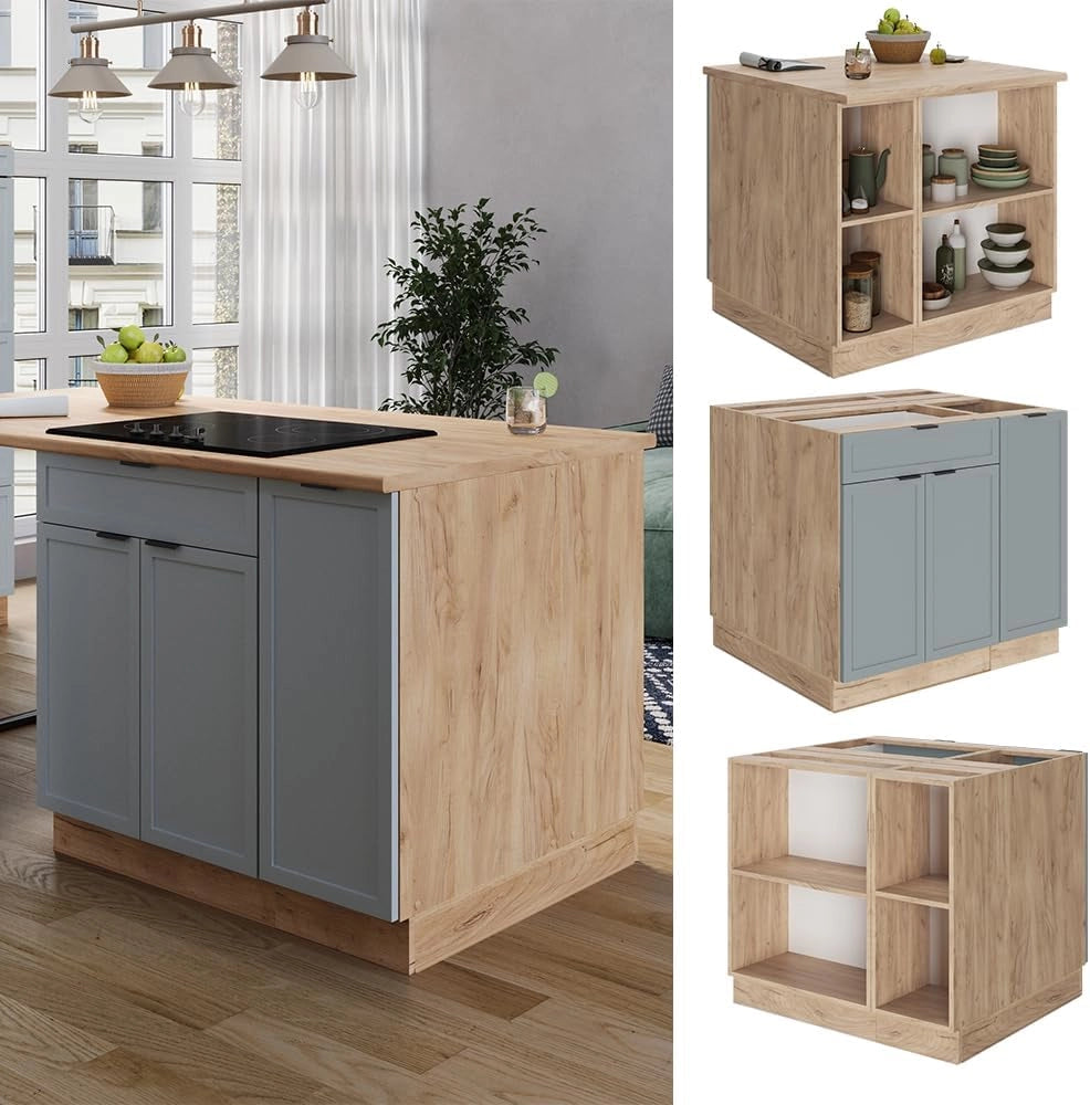 Isola cucina Fame-Line, Blu-grigio chiaro, 90 cm con cassetto, senza piano di lavoro