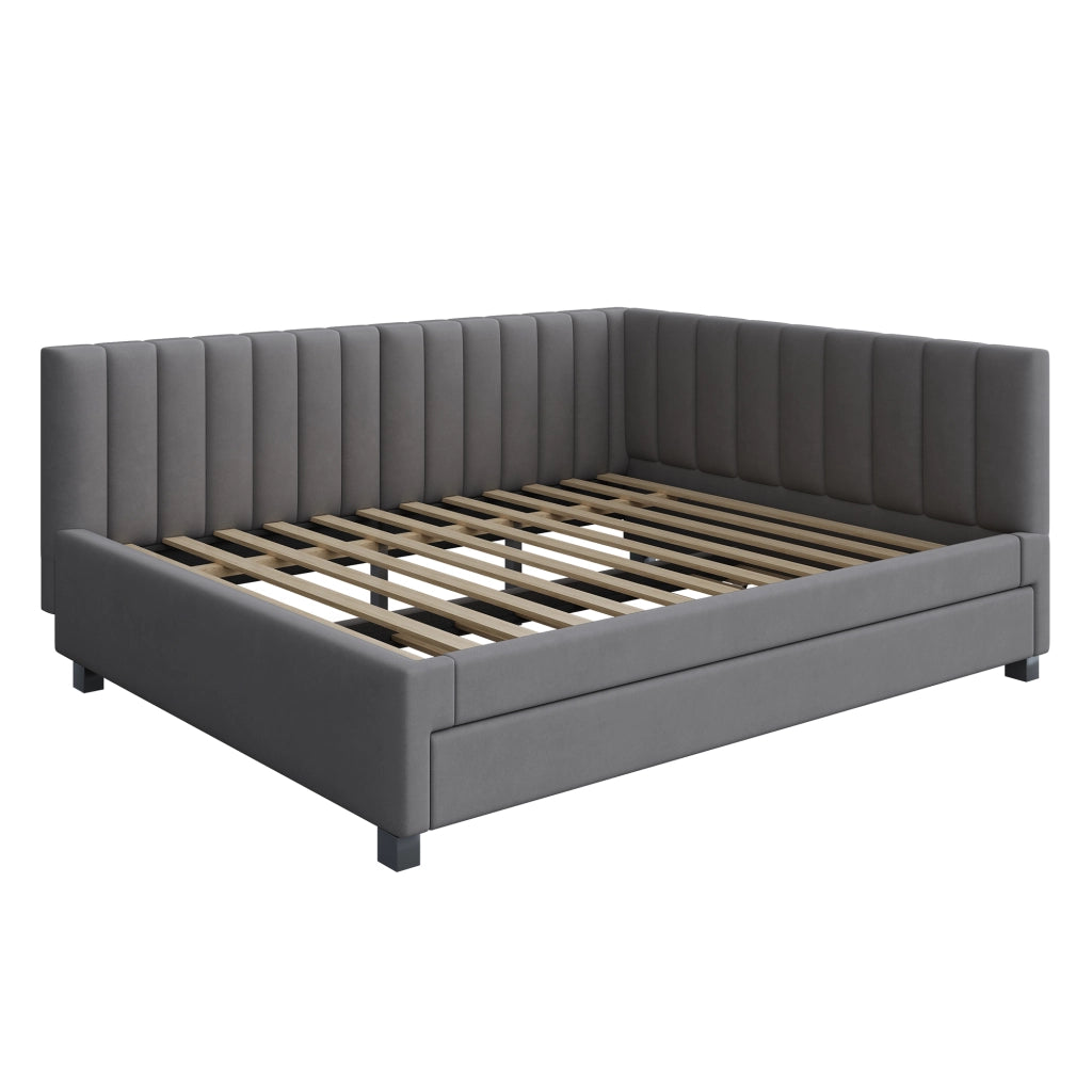 OKWISH Letto a Divano 140×200 cm, Letto Singolo con Letto Estraibile, Testiera Imbottita e Doghe, senza Materasso, Velluto Grigio