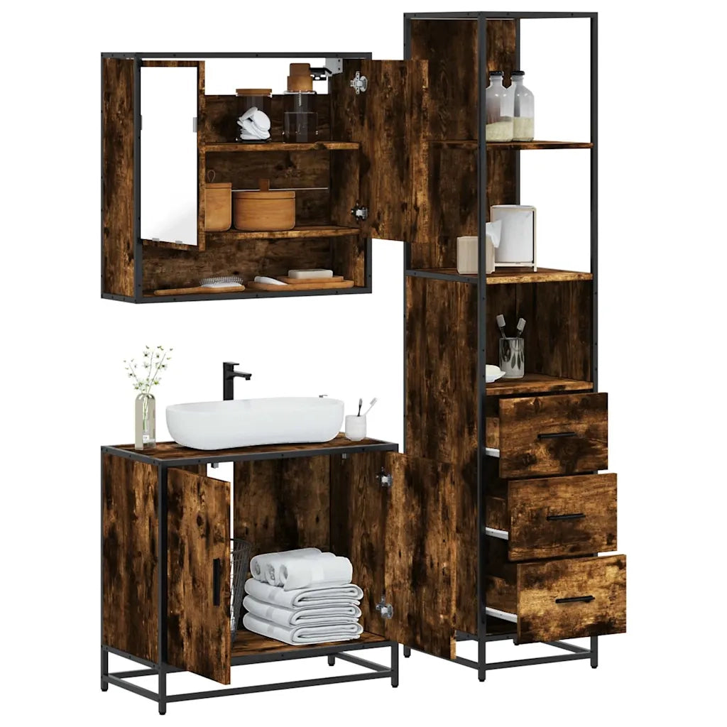 Set Mobili da Bagno 3 pz Rovere Fumo in Legno Multistrato