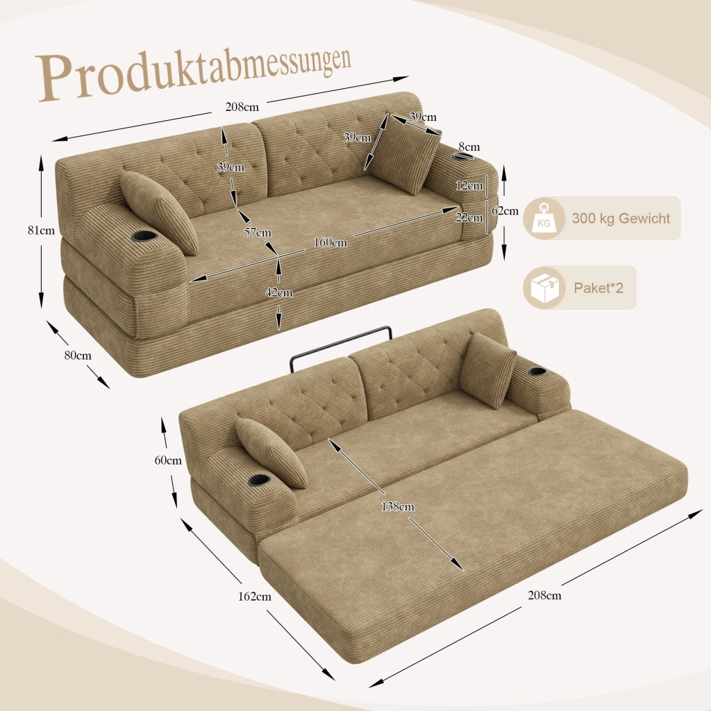 Divano letto compatto con schienale alto e 4 tasche laterali, portabicchieri, in tessuto corda cachi 208 × 80 × 81 cm
