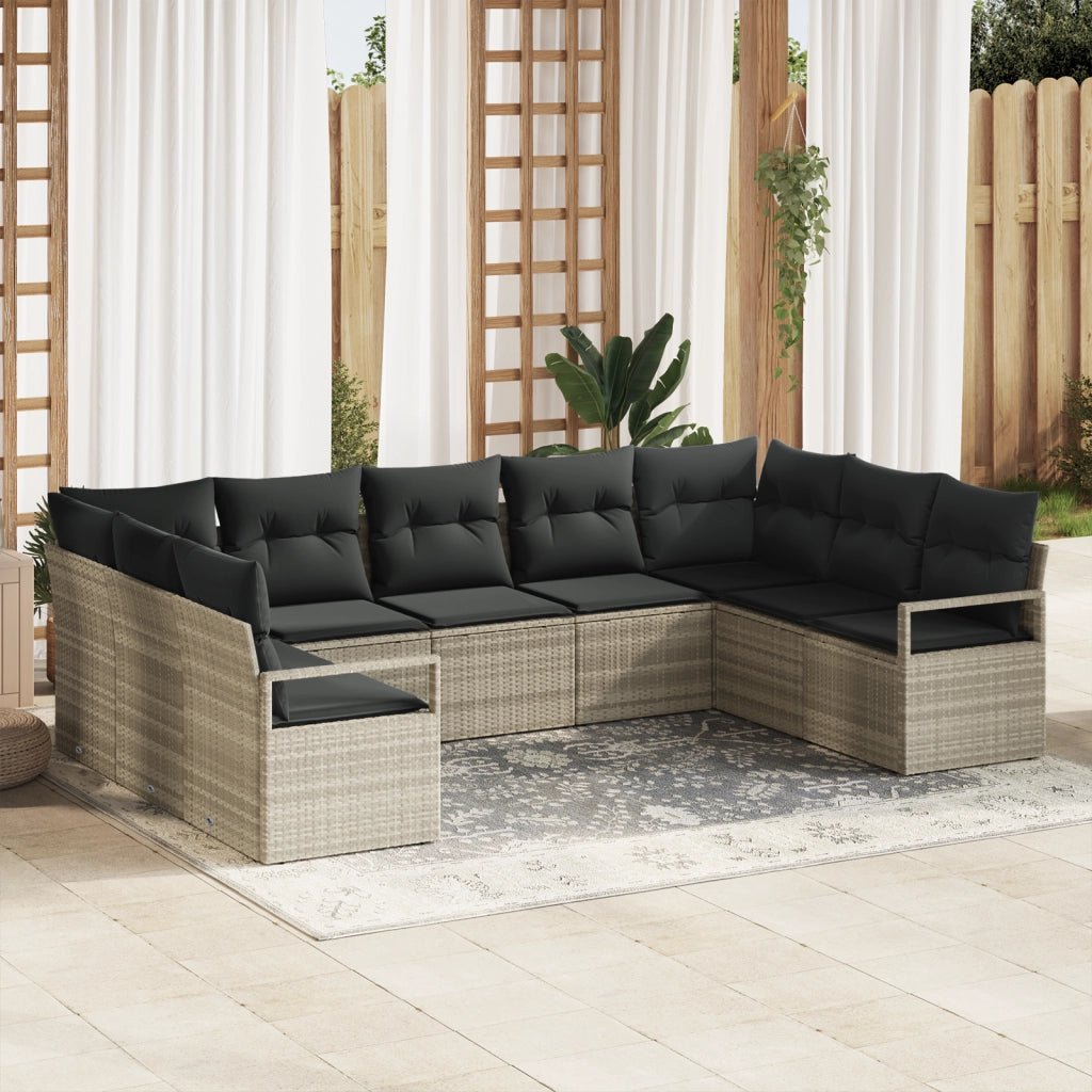 Set giardino  9 pezzi con cuscini Grigio chiaro Polyrattan