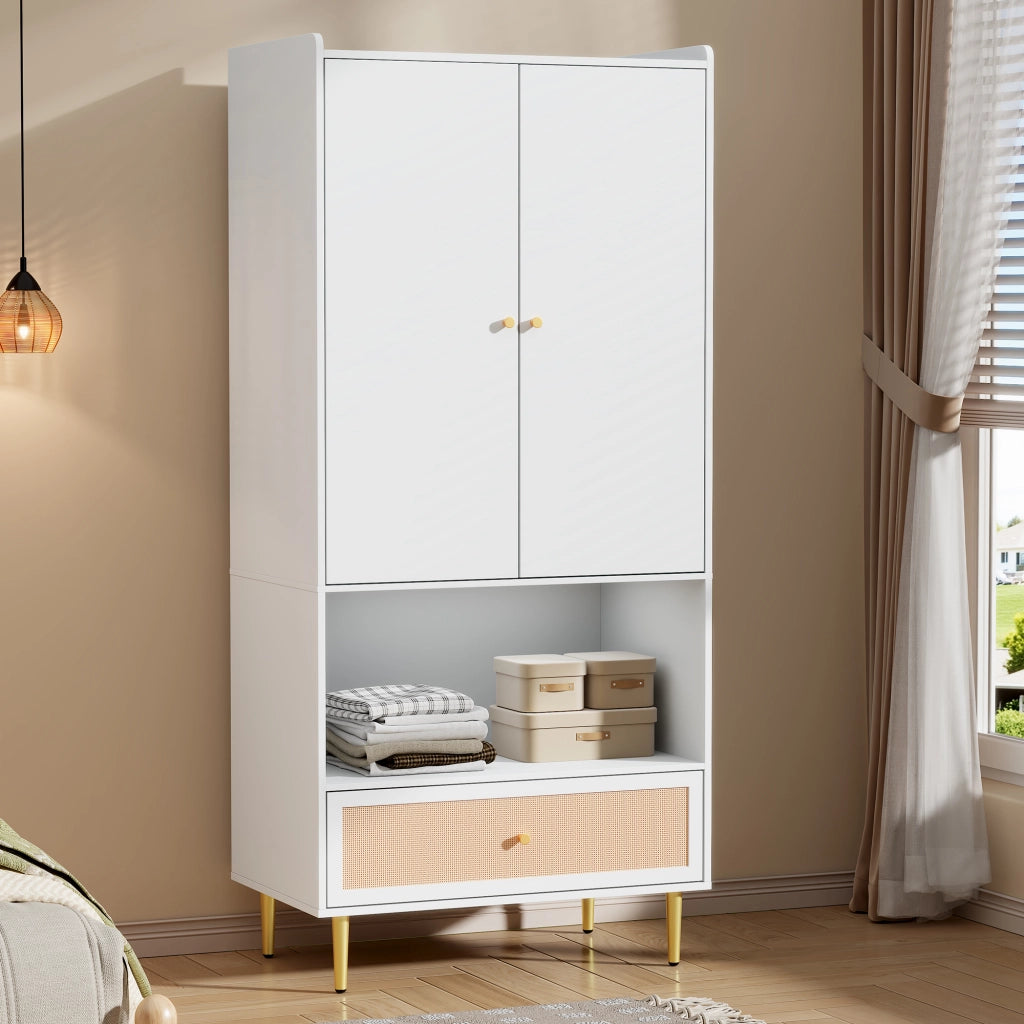 Armadio a 2 ante con cassetto in effetto rattan, barra appendiabiti e ripiano aperto, colore bianco/naturale, 80x48x175 cm