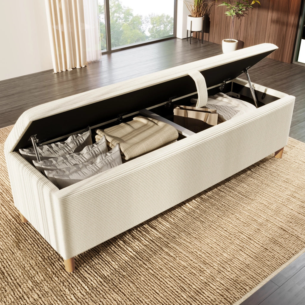 Letto matrimoniale con panca contenitore e testiera LED 140x200 cm; rovere chiaro e beige