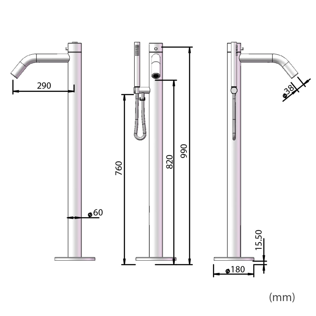 MPC Doccia per vasca inox in acciaio inox 316L con miscelatore progressivo 3 vie controllo temperatura e direzione getto per spa e wellness MX1011-INOX