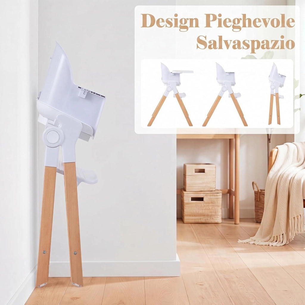 Seggiolone Pappa Pieghevole 4 in 1 con Cuscino di Seduta (Beige) | Seggiolone per Neonati 6-36 Mesi con Vassoi Rimovibili, Portabicchieri, Cintura di Sicurezza e Gambe in Legno