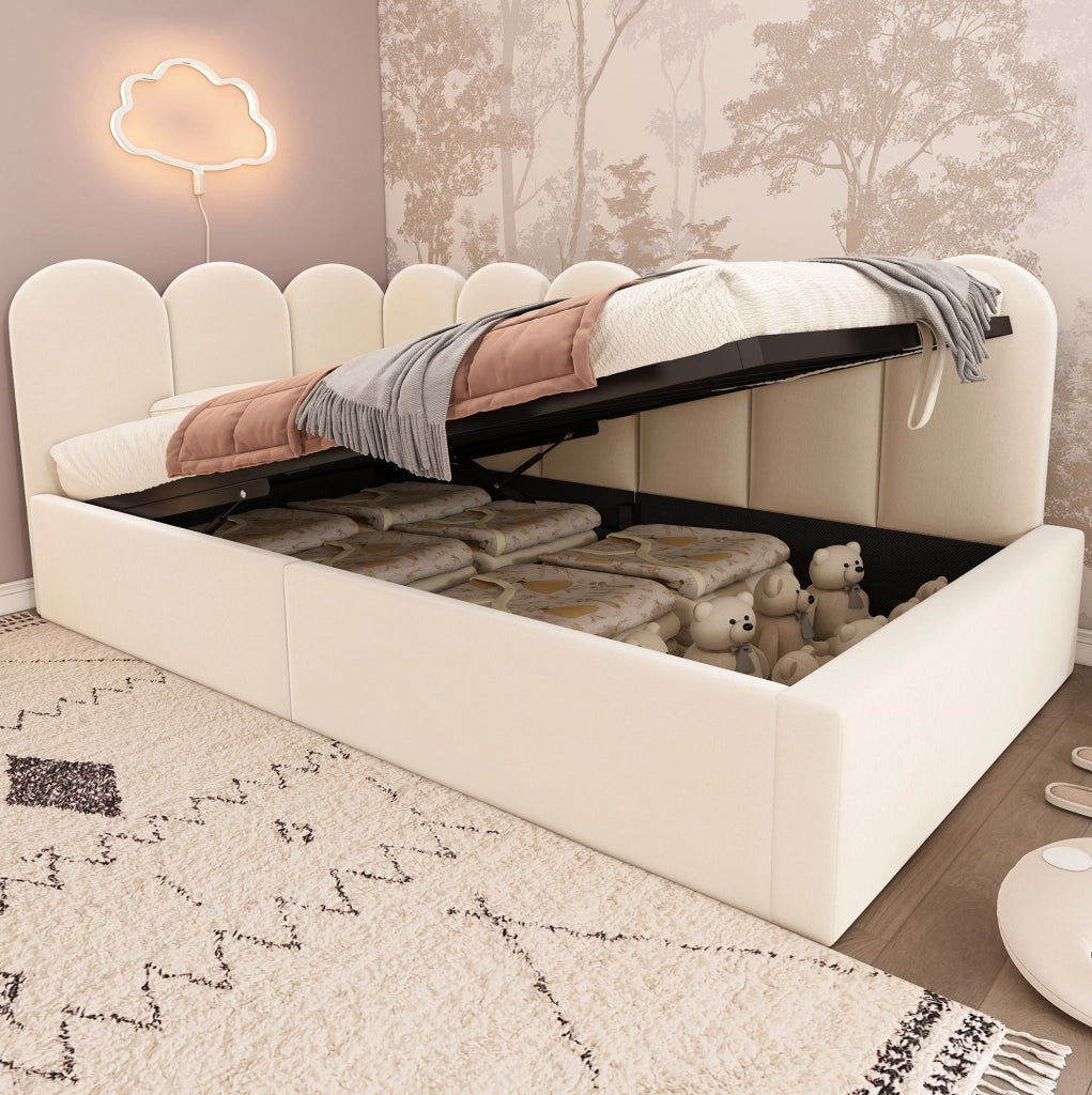 Letto giorno 90x190 cm con contenitore idraulico; velluto beige (Senza materasso)