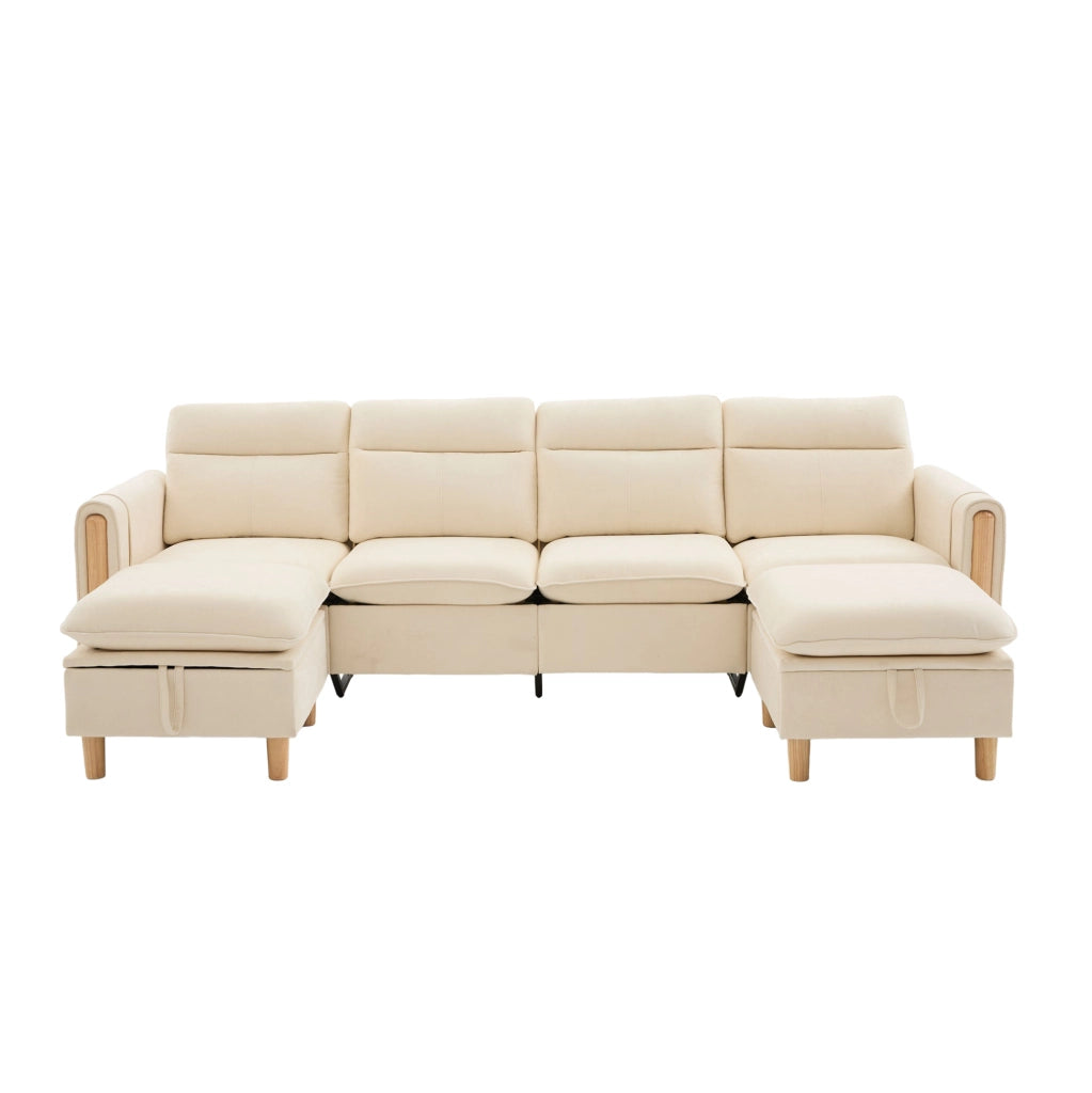Divano modulare 4 posti con 2 pouf contenitore in ciniglia beige HOMVRA