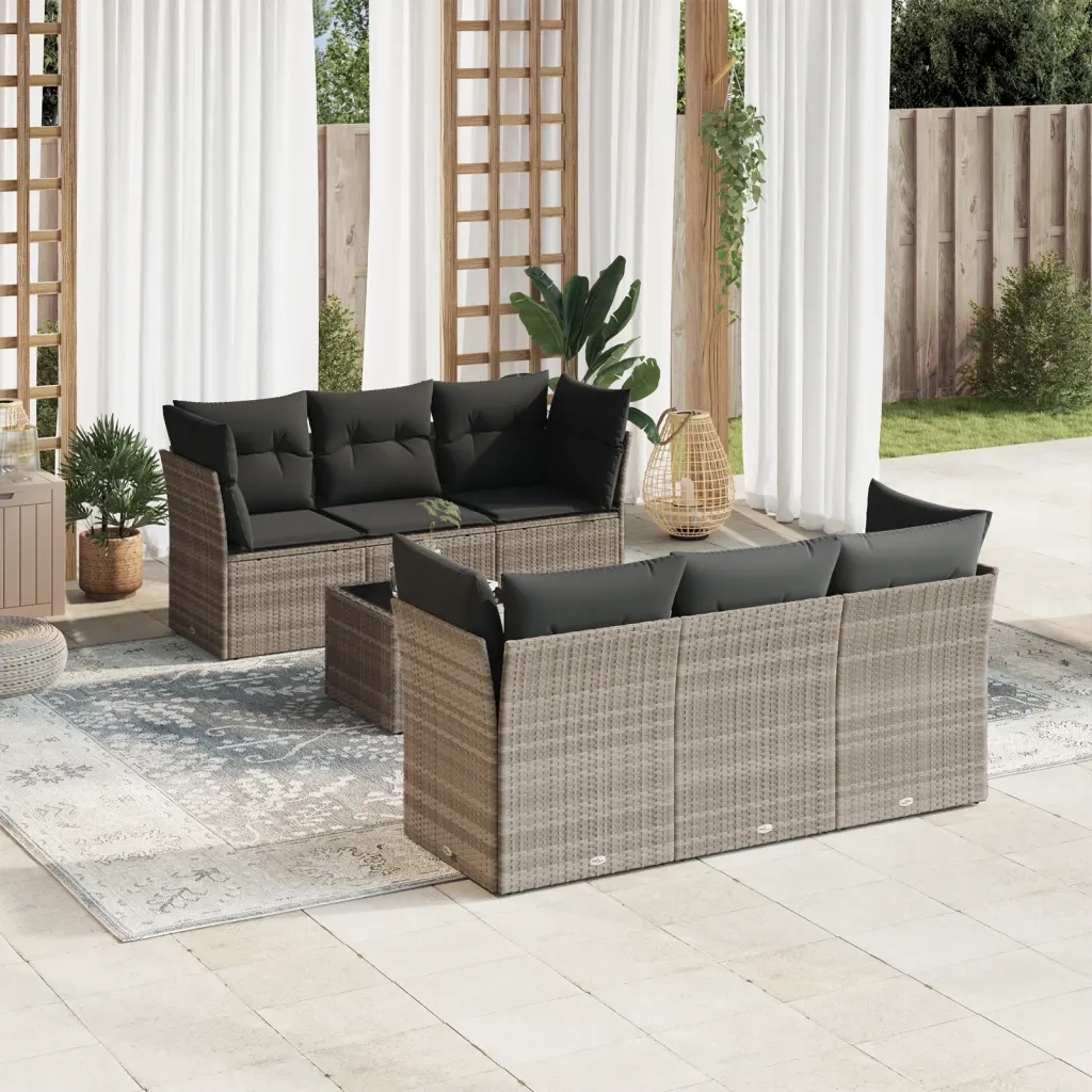 vidaXL Set Divani da Giardino 7pz con Cuscini Grigio Chiaro Polyrattan