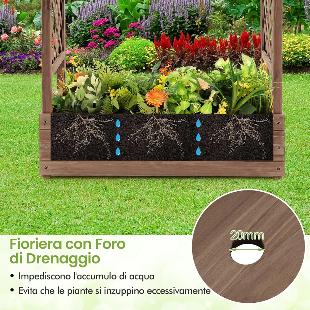 Fioriera da Esterno con Grigliato, Letto Rialzato da Esterno per Piante Rampicanti con Traliccio e Fori di Drenaggio, Aiuola Elevata da Giadino e Cortile, 100 x 44 x 113,5 cm (Marrone)