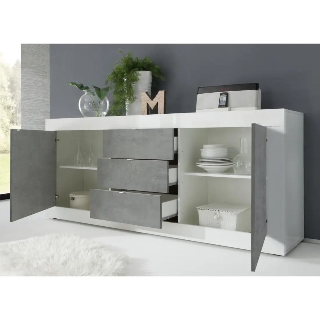 Buffet 2 porte e 3 cassetti, collezione ISORA, colore bianco e grigio effetto cemento