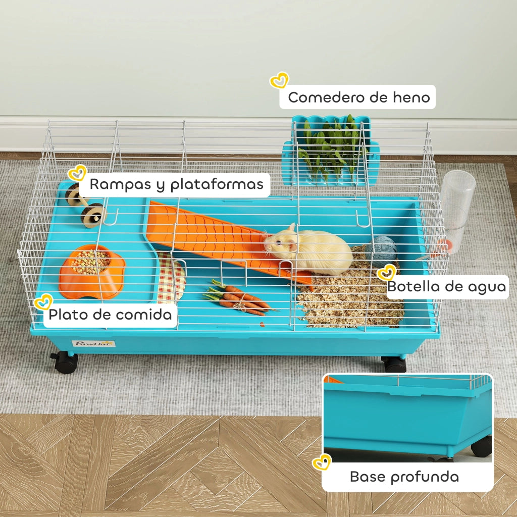Gabbia per Piccoli Animali con Ruote e Dispensatore Fieno ¨C zephmum ¨C 89x44x43 cm Blu